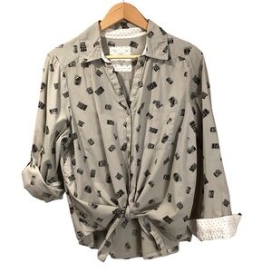 Style & Co Women’s Cotton Camera‎ Print Tie Front Tab Sleeve Grey Blouse Size 1X
